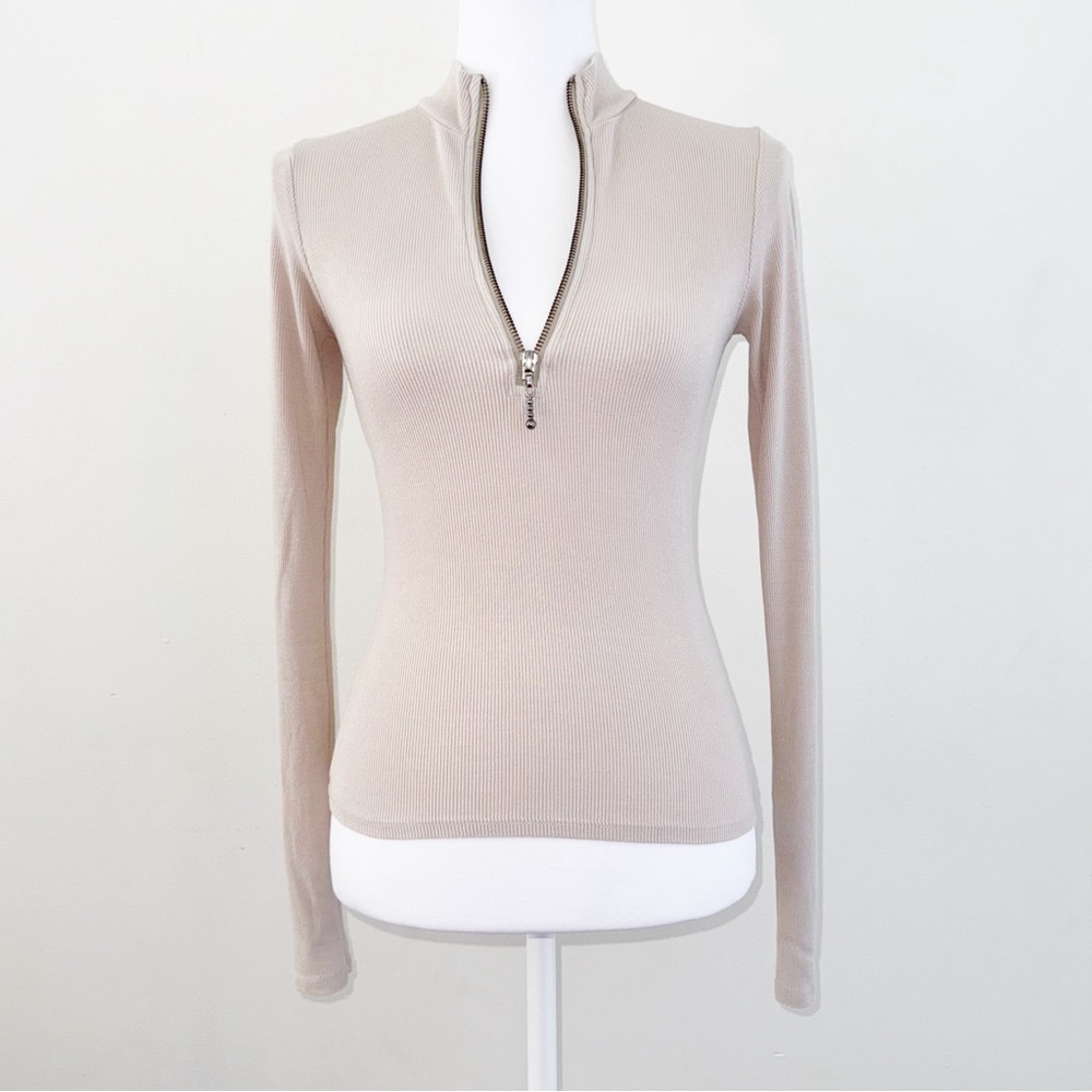 JOAH BROWN BEIGE TAN RIBBED HALF ZIP MOCK NECK LONG SLEEVE TOP - Picture 1 of 13